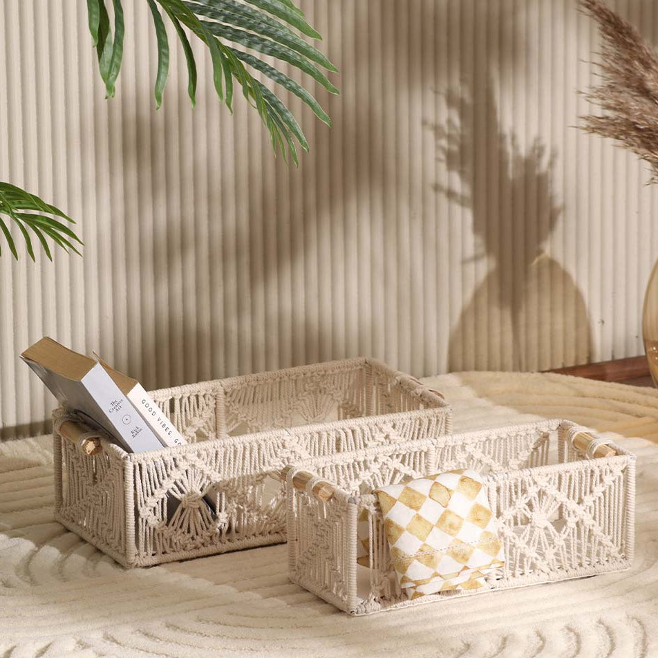 Macrame Honeycomb Rectangular Baskets, Set of 2 - Cream