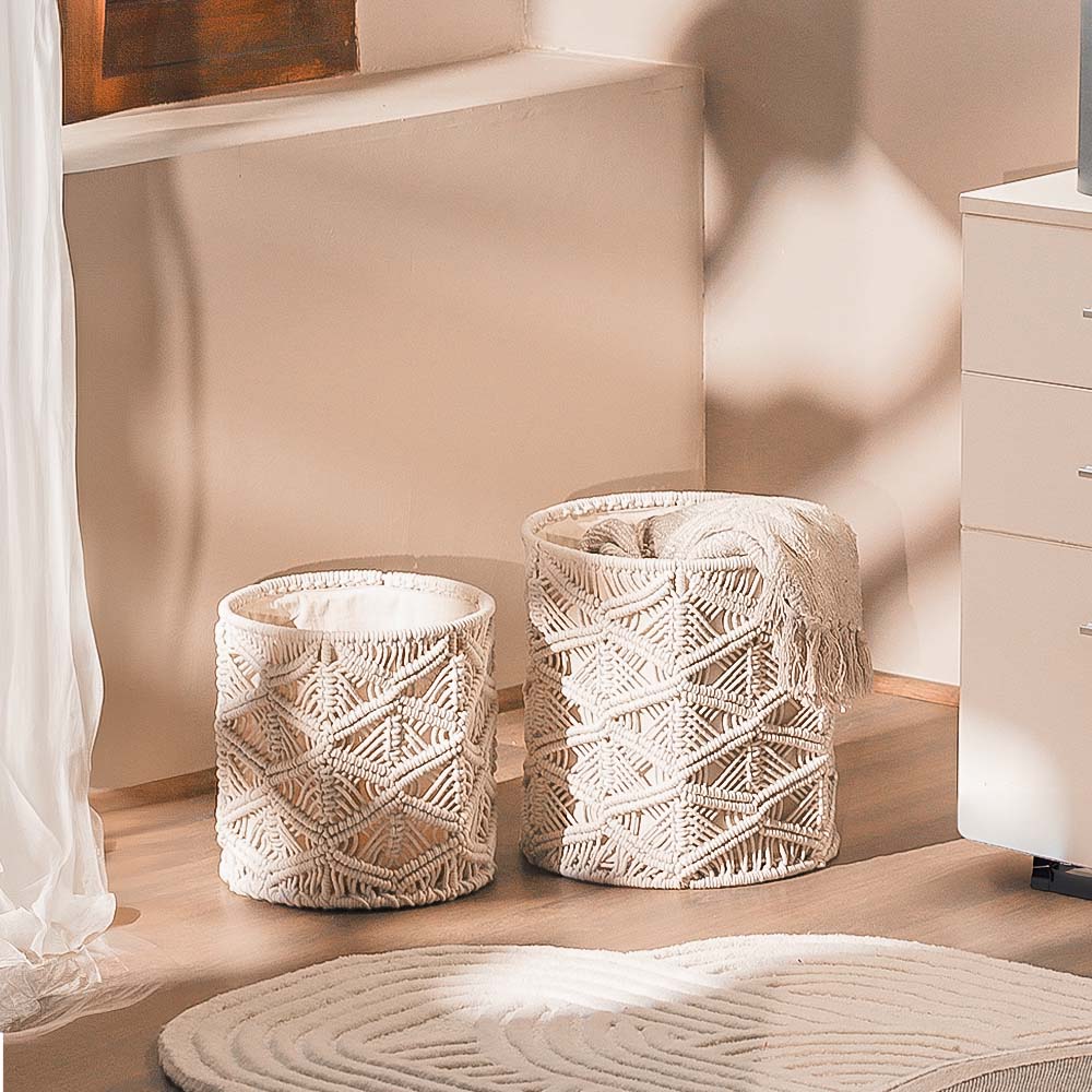 Macrame Honeycomb Round Baskets, Set of 2 - Cream