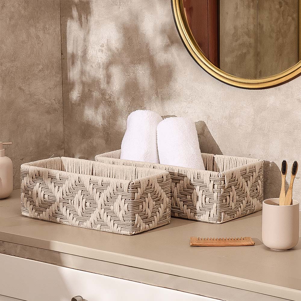 Macrame Ikat Rectangular Baskets, Set of 2 - Cream