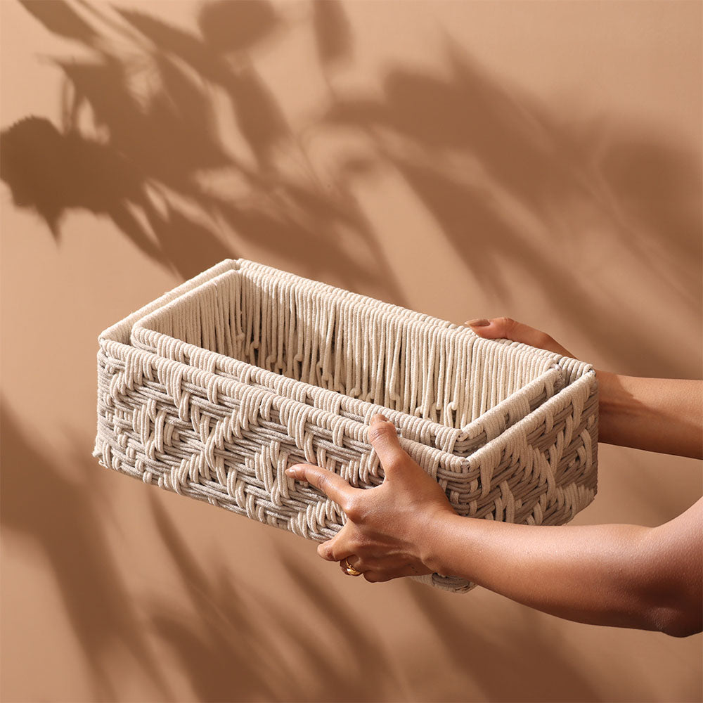 Macrame Ikat Rectangular Baskets, Set of 2 - Cream