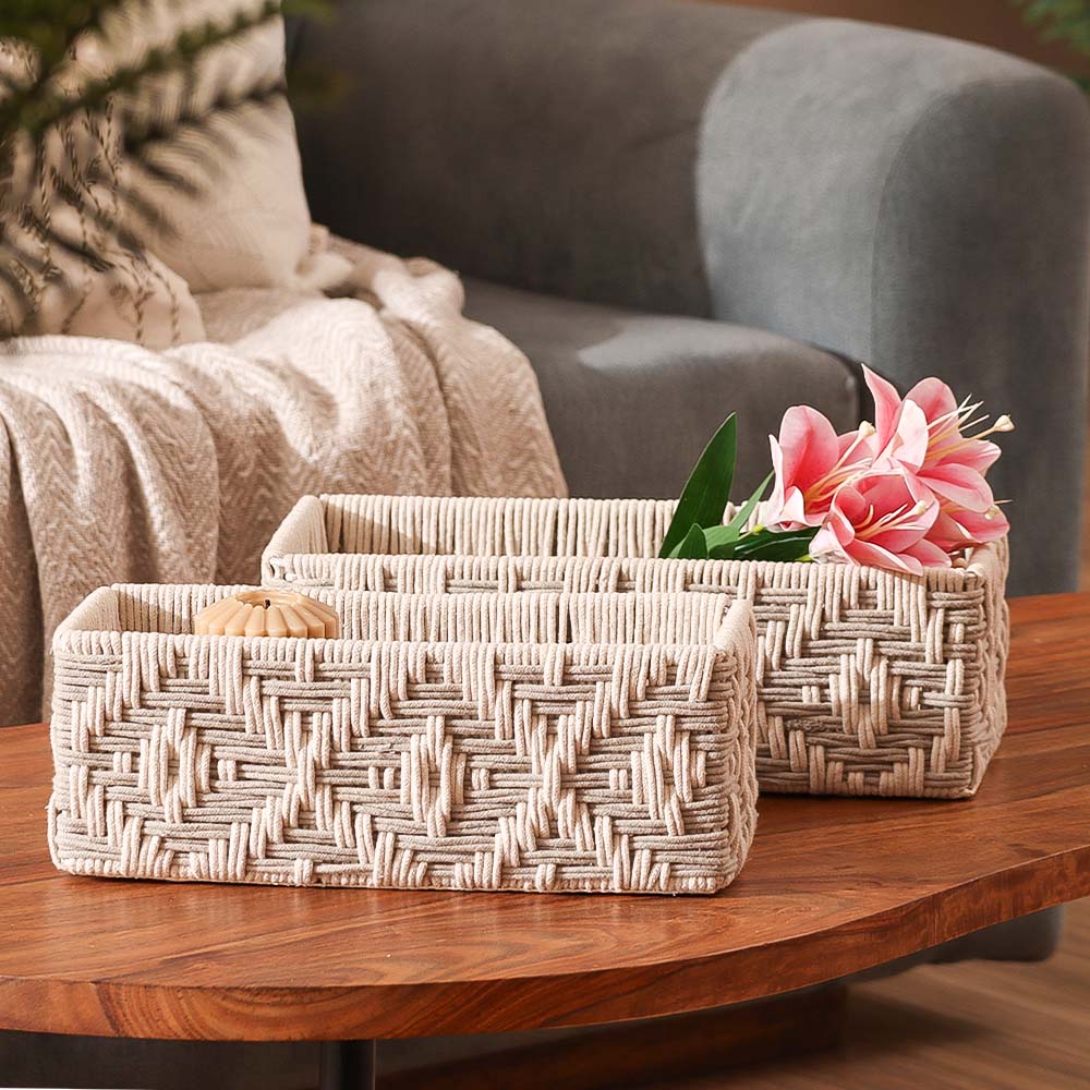 Macrame Ikat Rectangular Baskets, Set of 2 - Cream