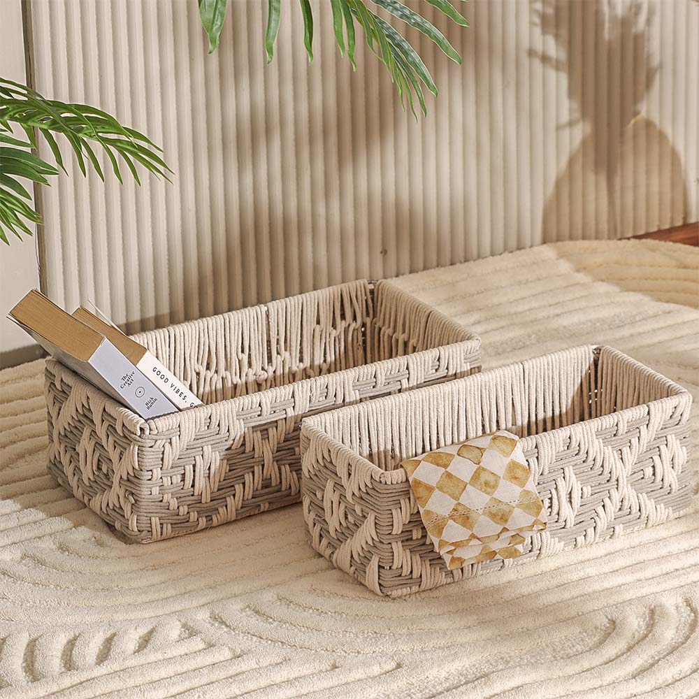 Macrame Ikat Rectangular Baskets, Set of 2 - Cream