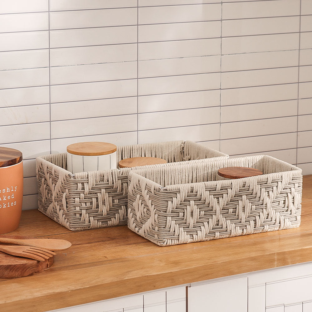 Macrame Ikat Rectangular Baskets, Set of 2 - Cream
