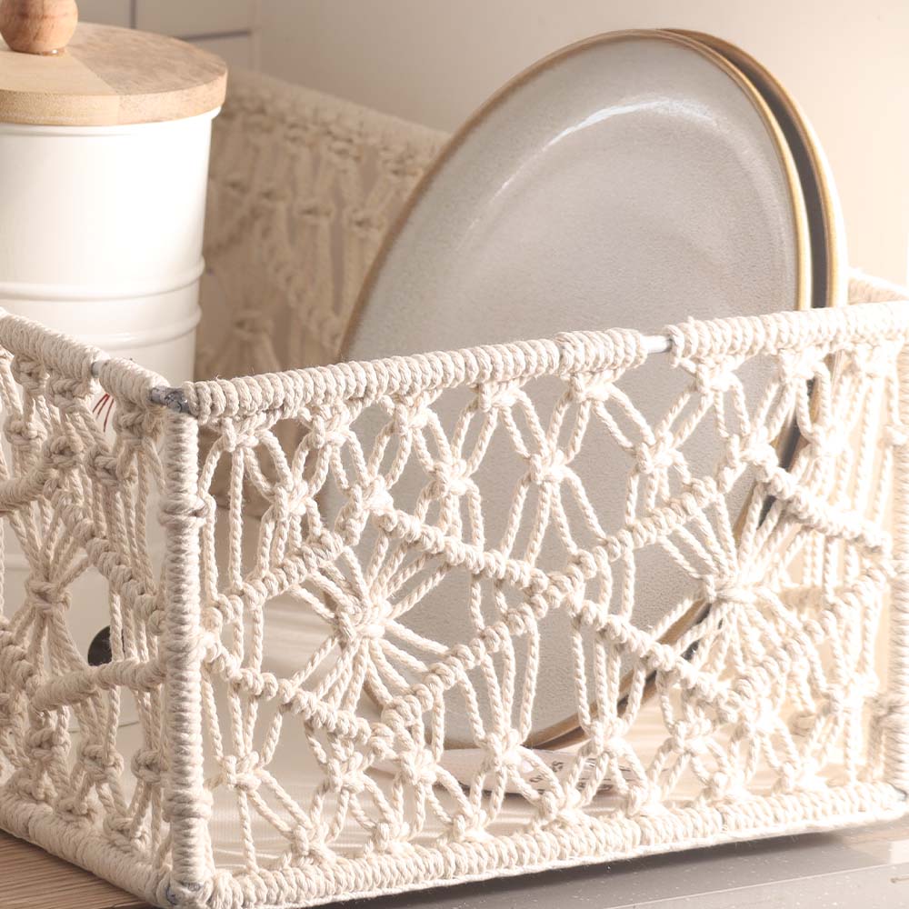 Macrame Rectangular Storage Boxes, Set of 2 - Ivory