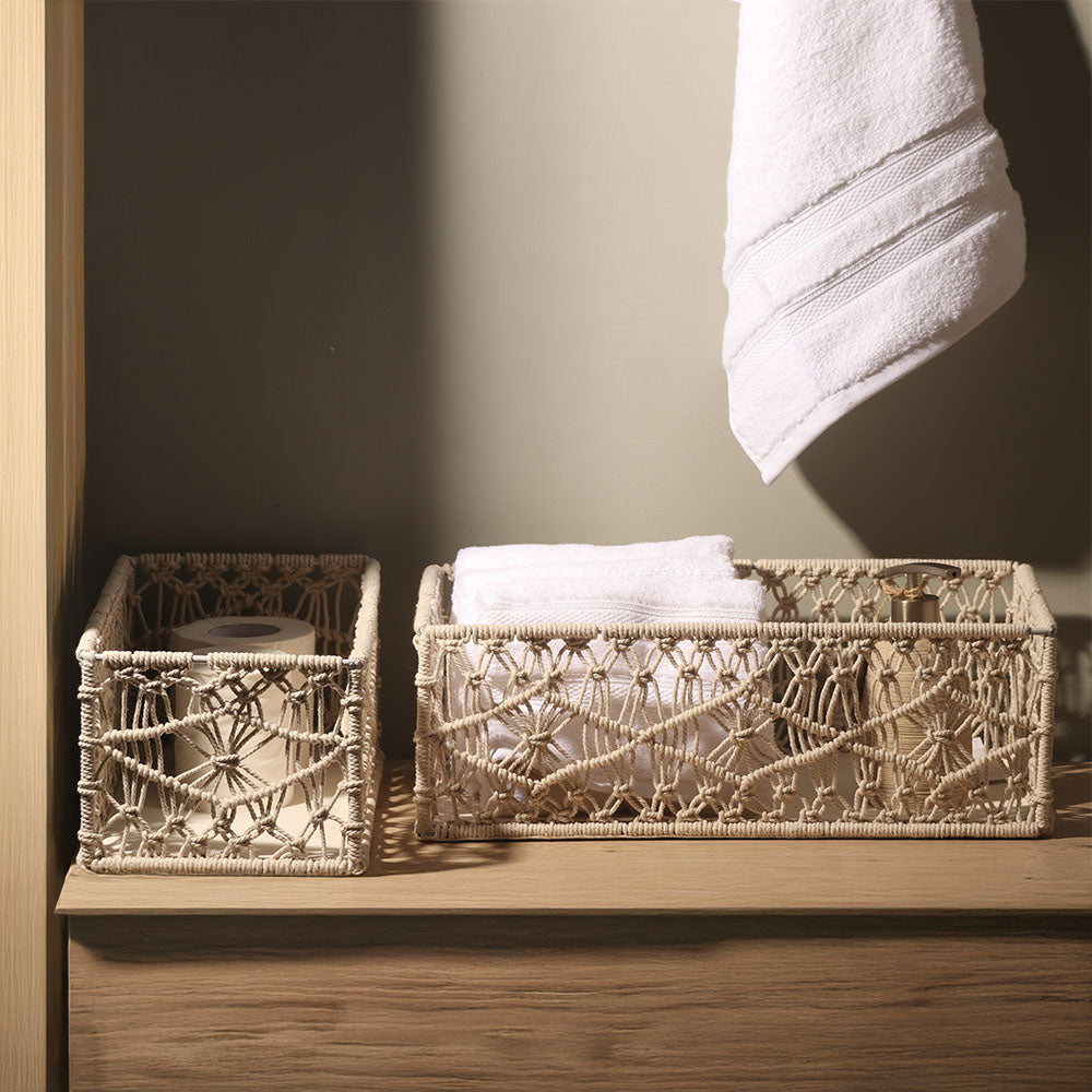 Macrame Rectangular Storage Boxes, Set of 2 - Ivory