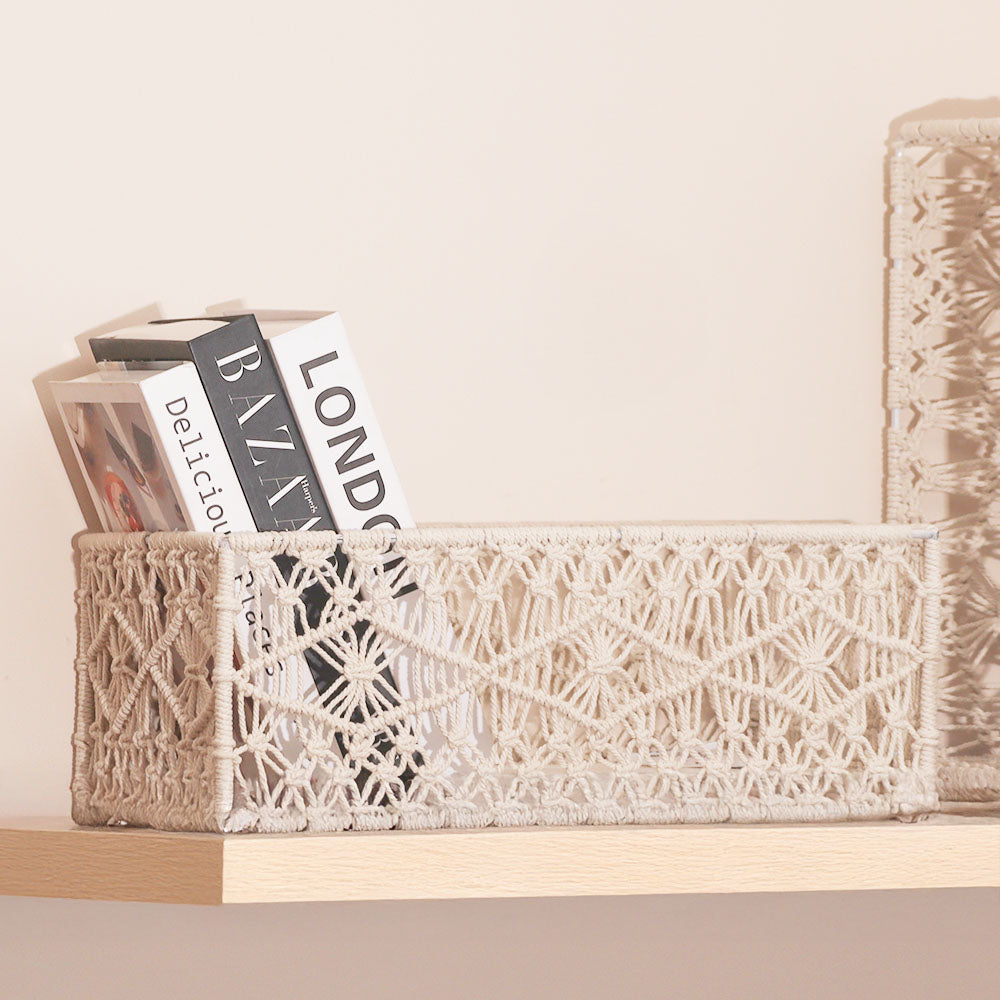 Macrame Rectangular Storage Boxes, Set of 2 - Ivory