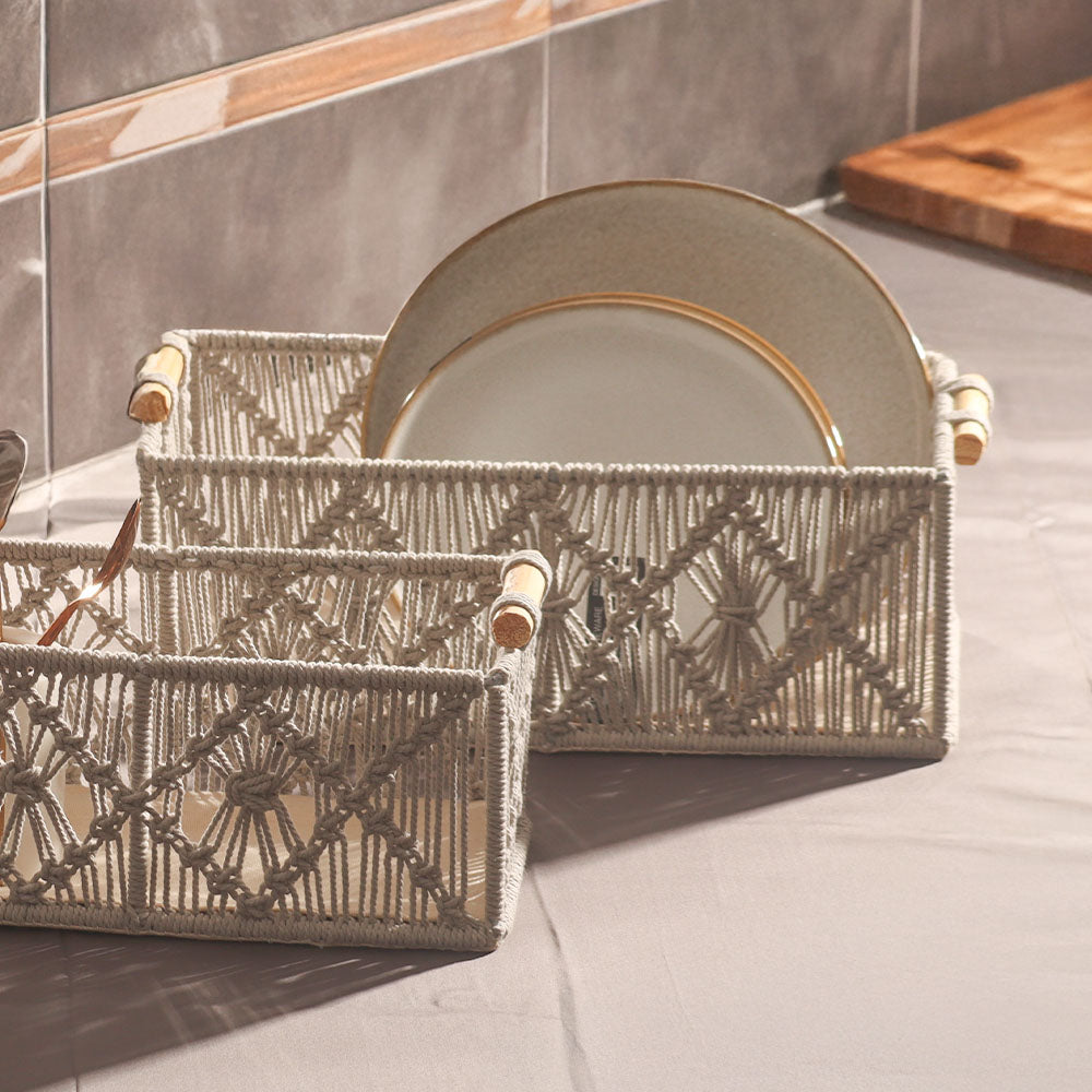 Macrame Rectangular Storage Boxes with Handles, Set of 2 - Grey