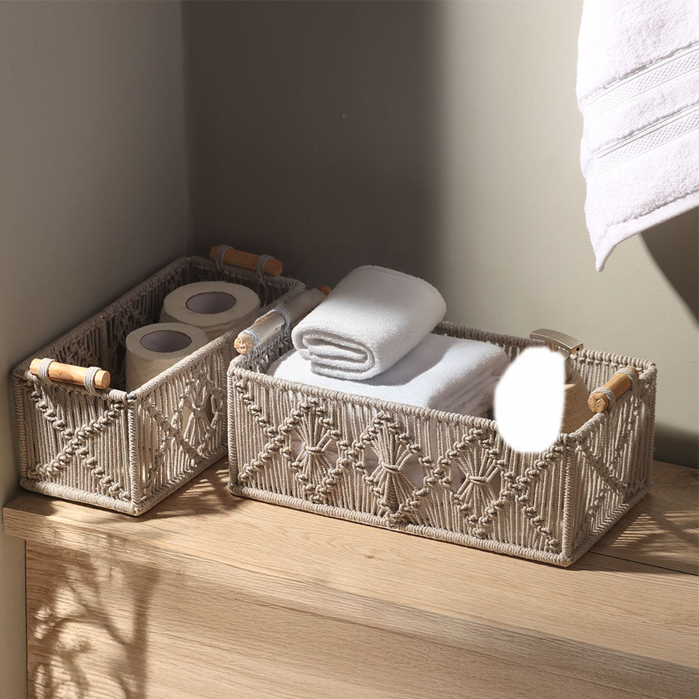 Macrame Rectangular Storage Boxes with Handles, Set of 2 - Grey