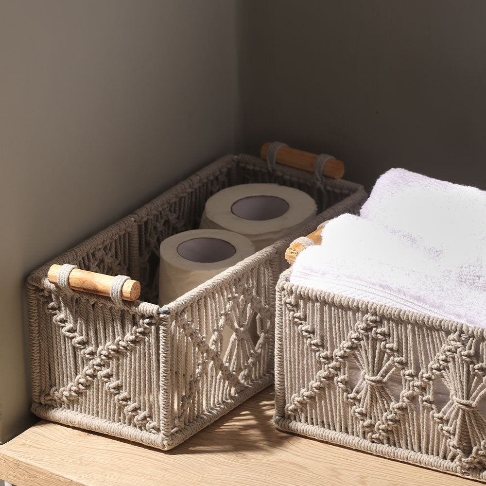 Macrame Rectangular Storage Boxes with Handles, Set of 2 - Grey
