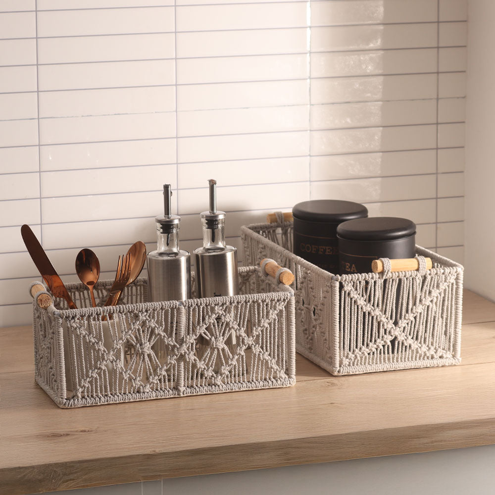 Macrame Rectangular Storage Boxes with Handles, Set of 2 - Grey