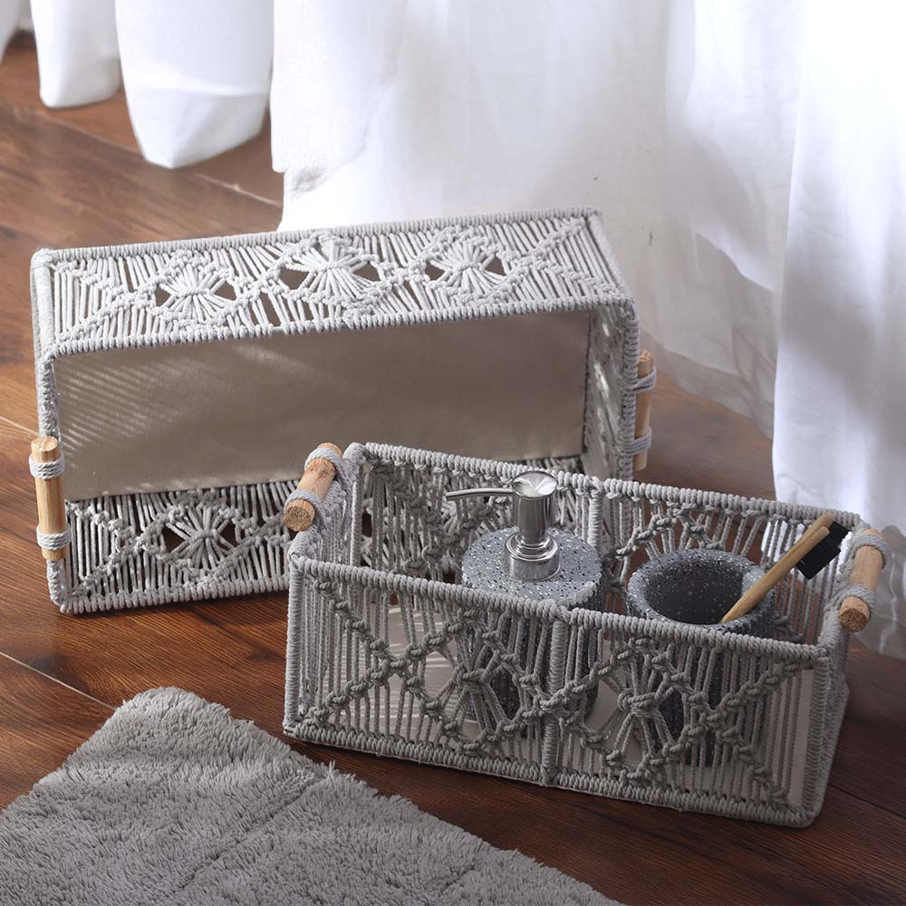 Macrame Rectangular Storage Boxes with Handles, Set of 2 - Grey