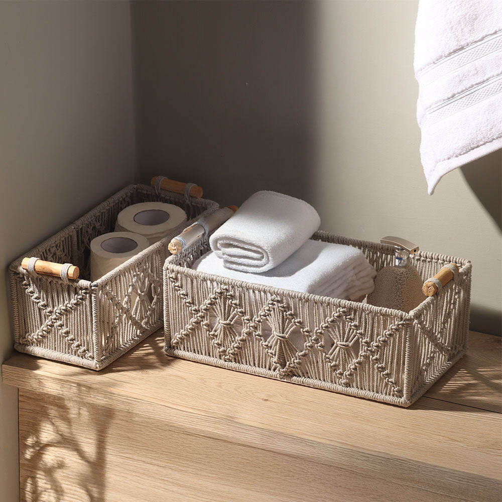 Macrame Rectangular Storage Boxes with Handles, Set of 2 - Grey