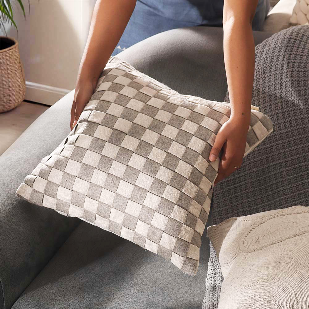 Macro Checkered Cotton Cushion Cover 45x45cm - Grey Beige