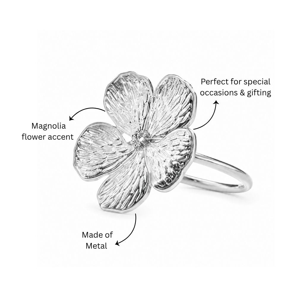 Magnolia Napkin Rings, Set of 6 - Silver