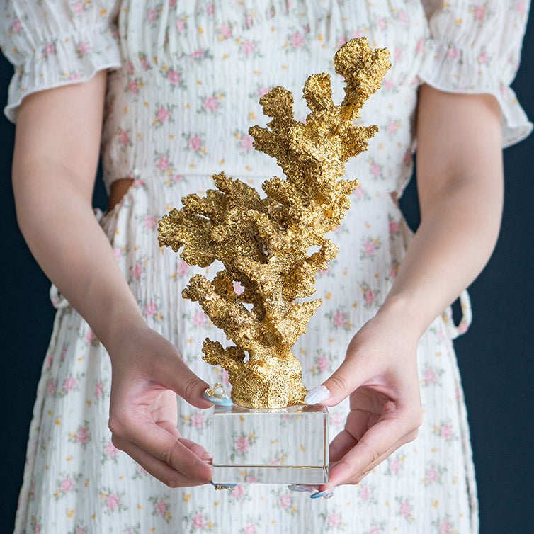Marine Coral Sculpture With Base - Gold