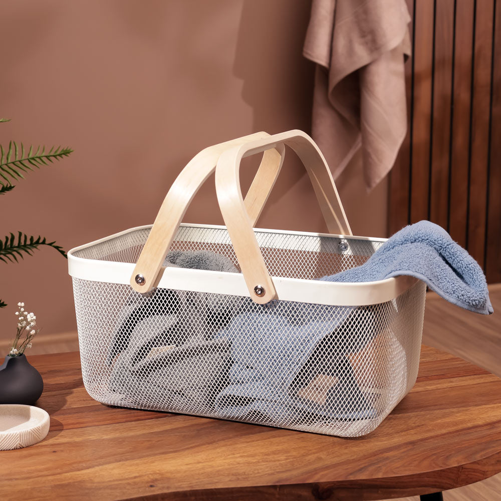 Mesh Rectangular Basket with Handle - Cream