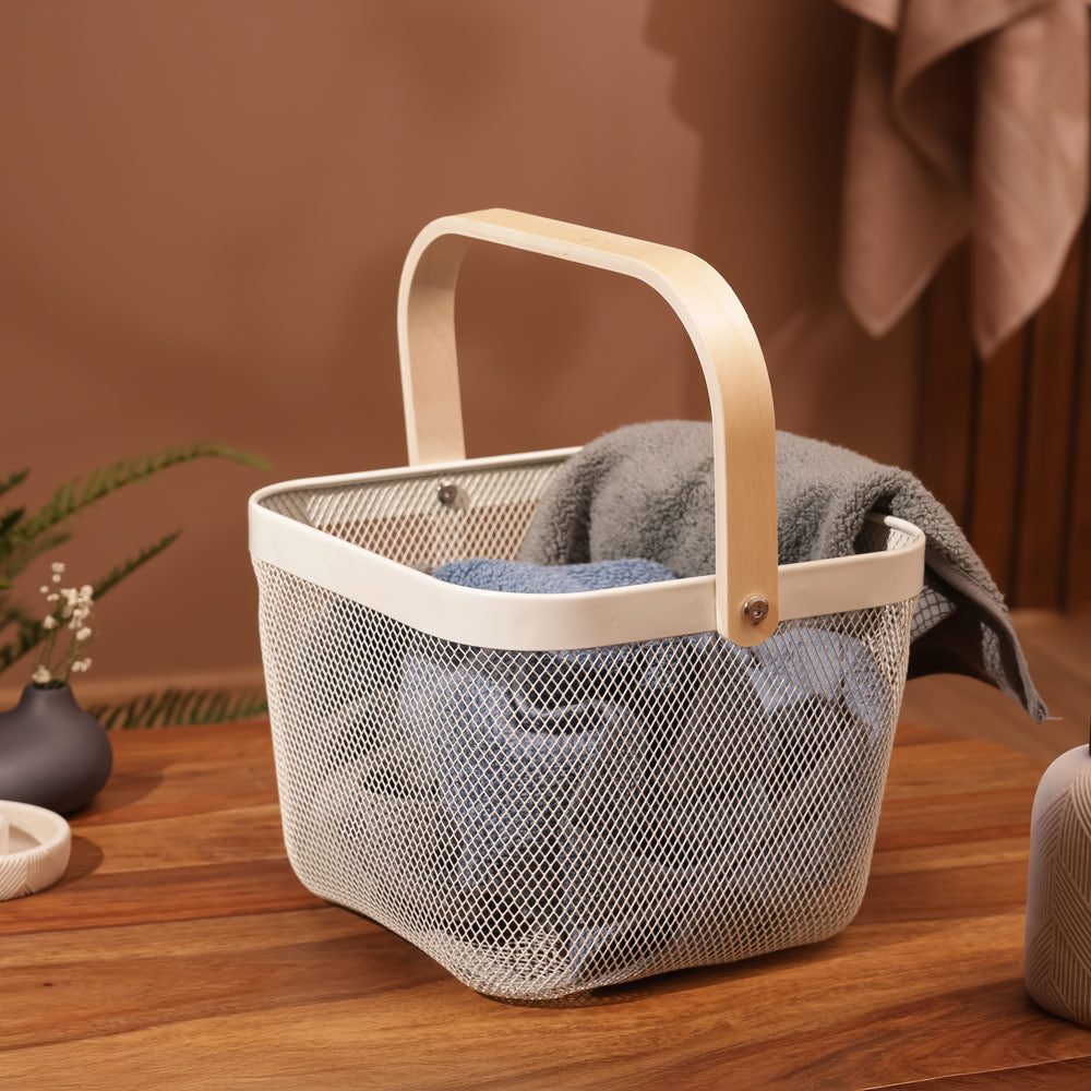 Mesh Square Basket with Handle - Cream
