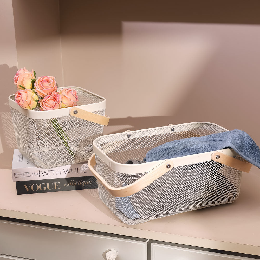 Mesh Square Basket with Handle - Cream