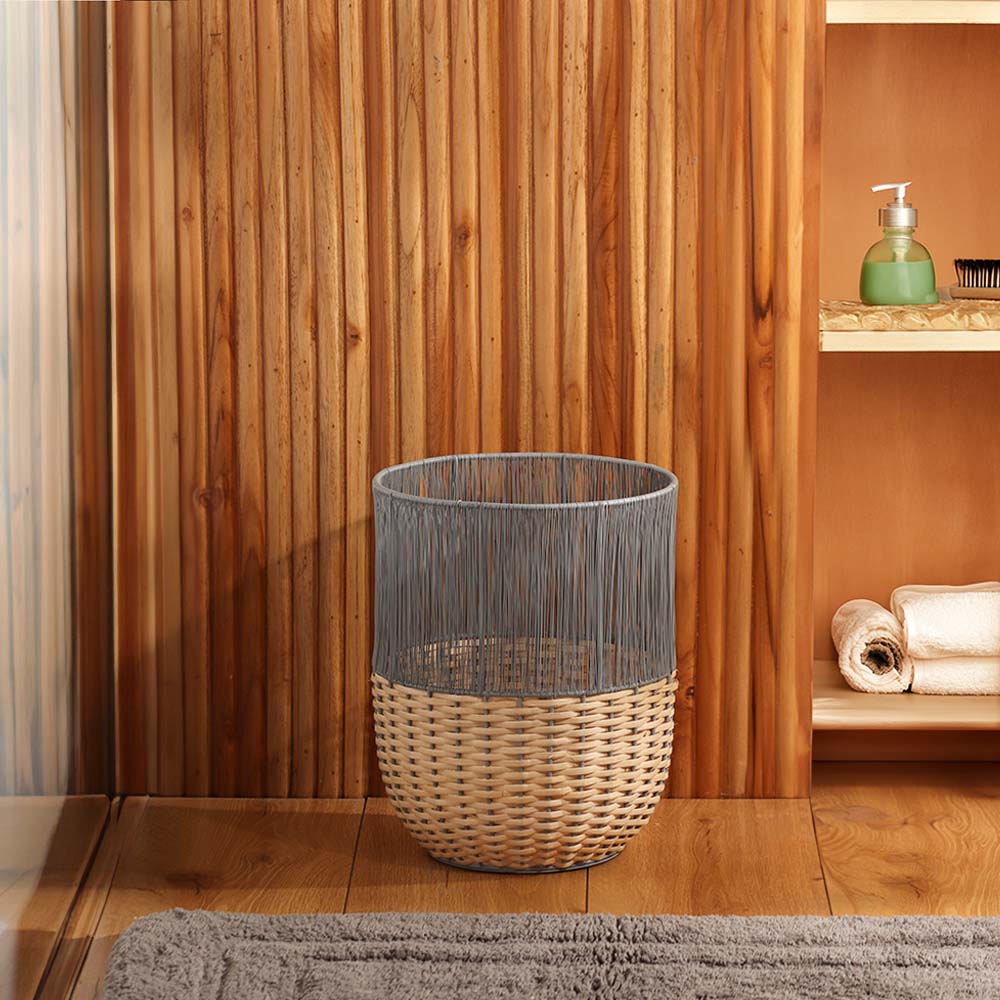 Metal and Rattan Open Basket - Beige Grey