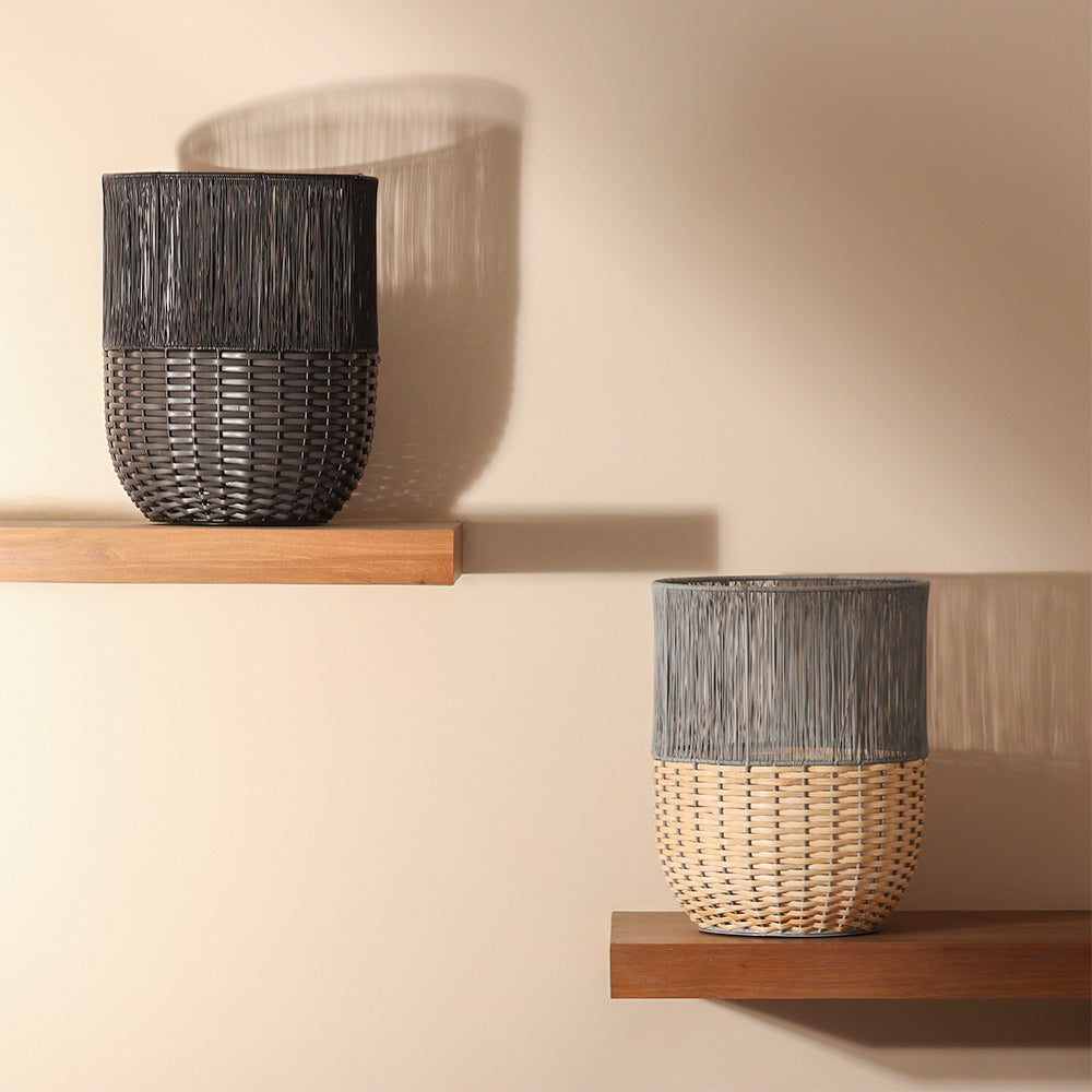 Metal and Rattan Open Basket - Beige Grey