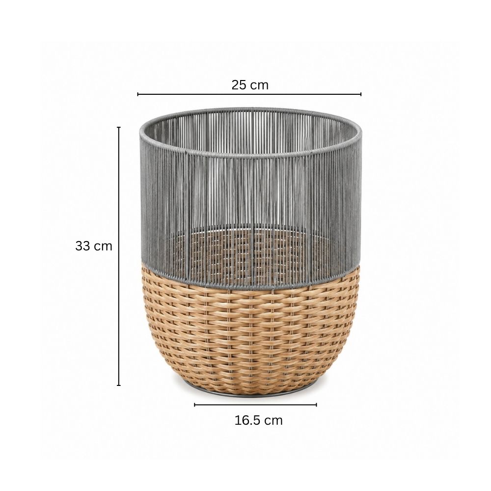 Metal and Rattan Open Basket - Beige Grey