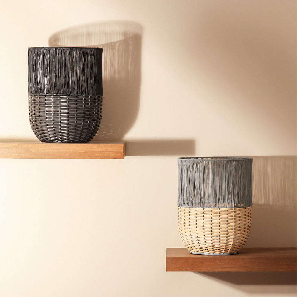 Metal and Rattan Open Basket - Charcoal Black