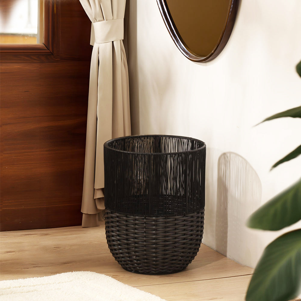 Metal and Rattan Open Basket - Charcoal Black