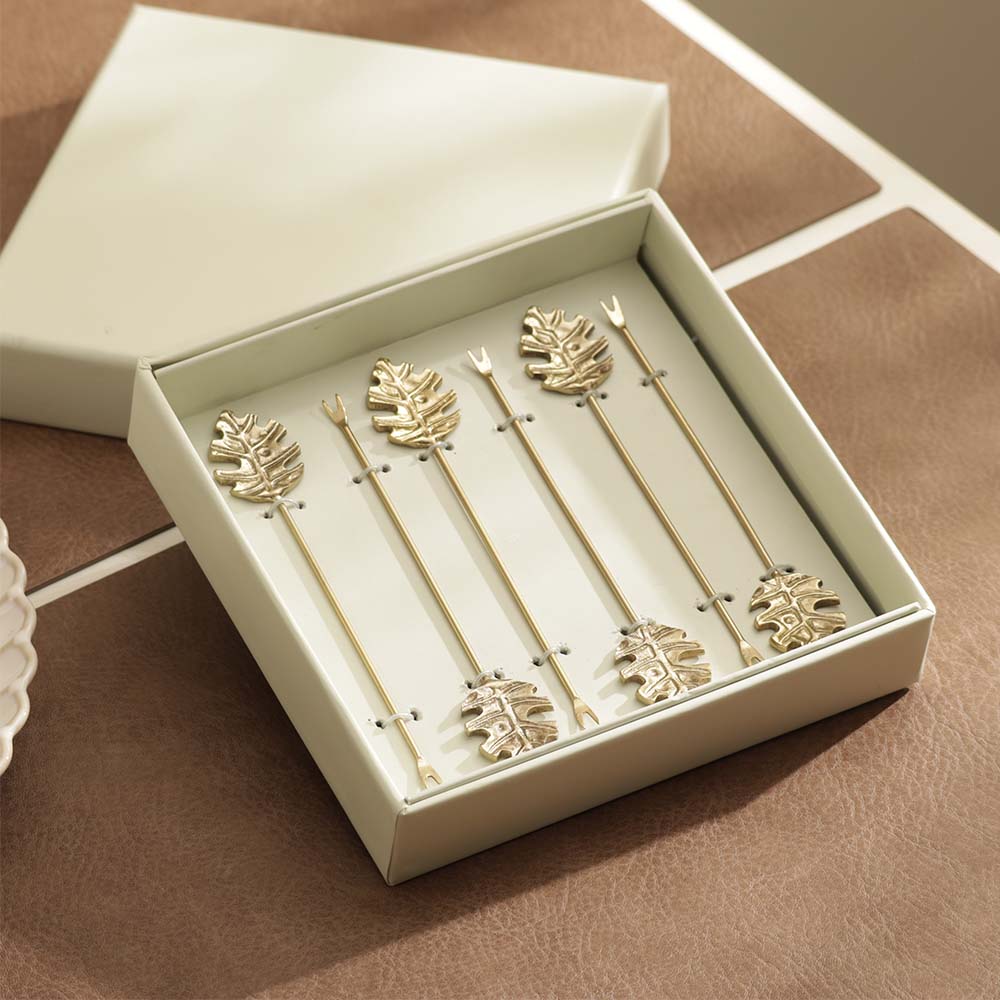 Monstera Metal Appetizer Picks, Set of 6 - Gold