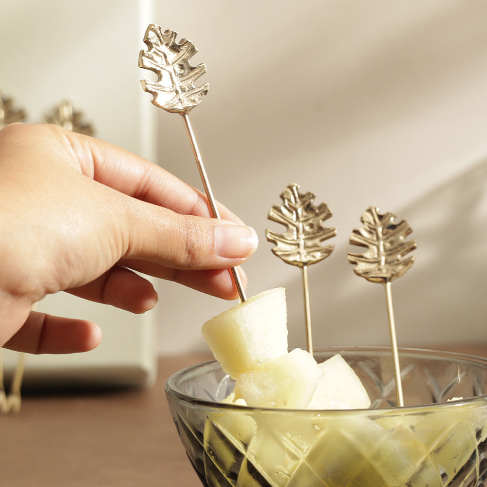Monstera Metal Appetizer Picks, Set of 6 - Gold
