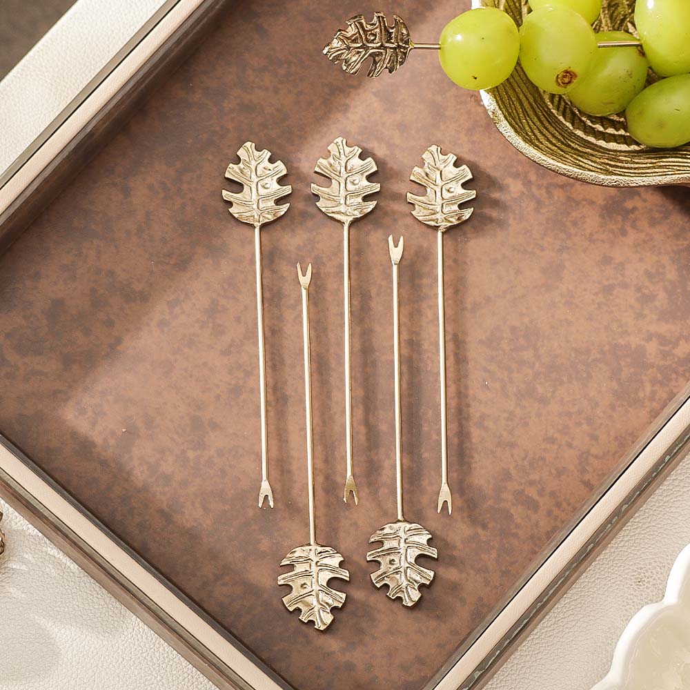 Monstera Metal Appetizer Picks, Set of 6 - Gold