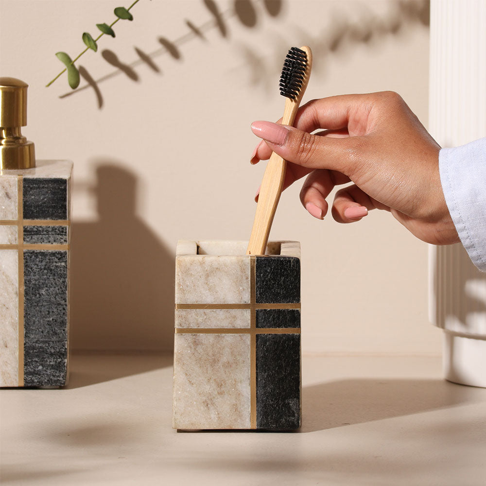 Nera Marble Toothbrush Tumbler - Beige & Black