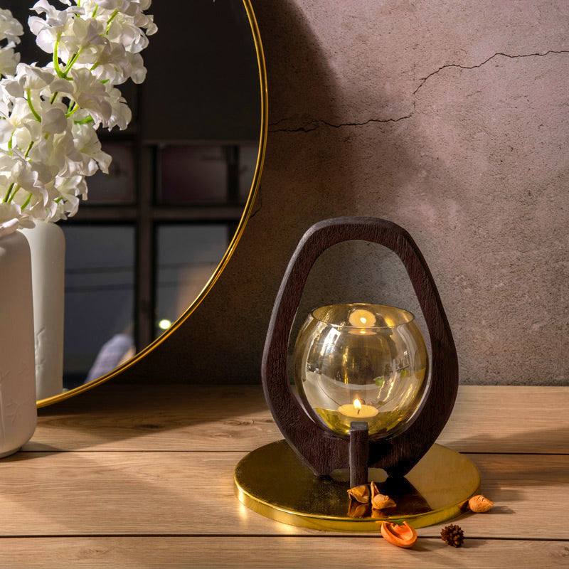 ESQ Living Nest Glass Lantern with Wooden Holder - Walnut