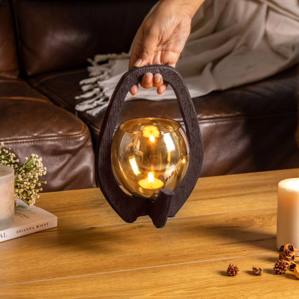 ESQ Living Nest Glass Lantern with Wooden Holder - Walnut