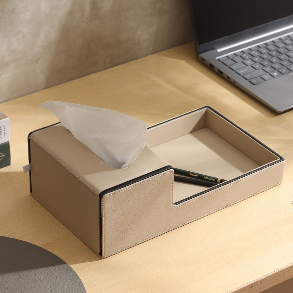 Node Tissue Box Holder with Tray - Light Beige