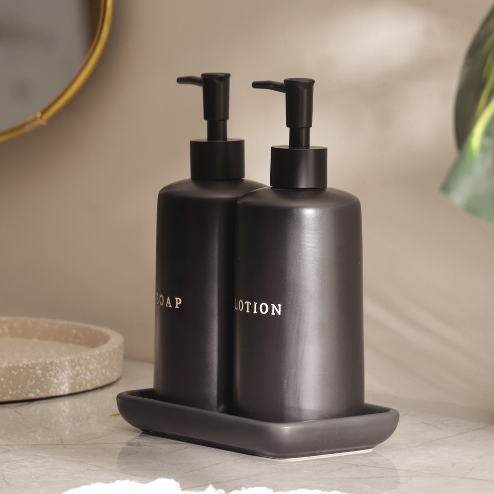 Noir Dual Dispenser Set with Tray - Black