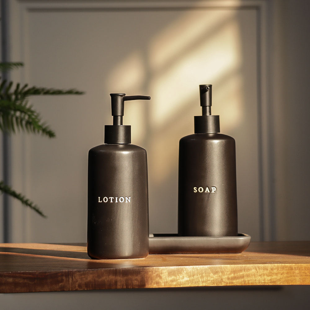 Noir Dual Dispenser Set with Tray - Black