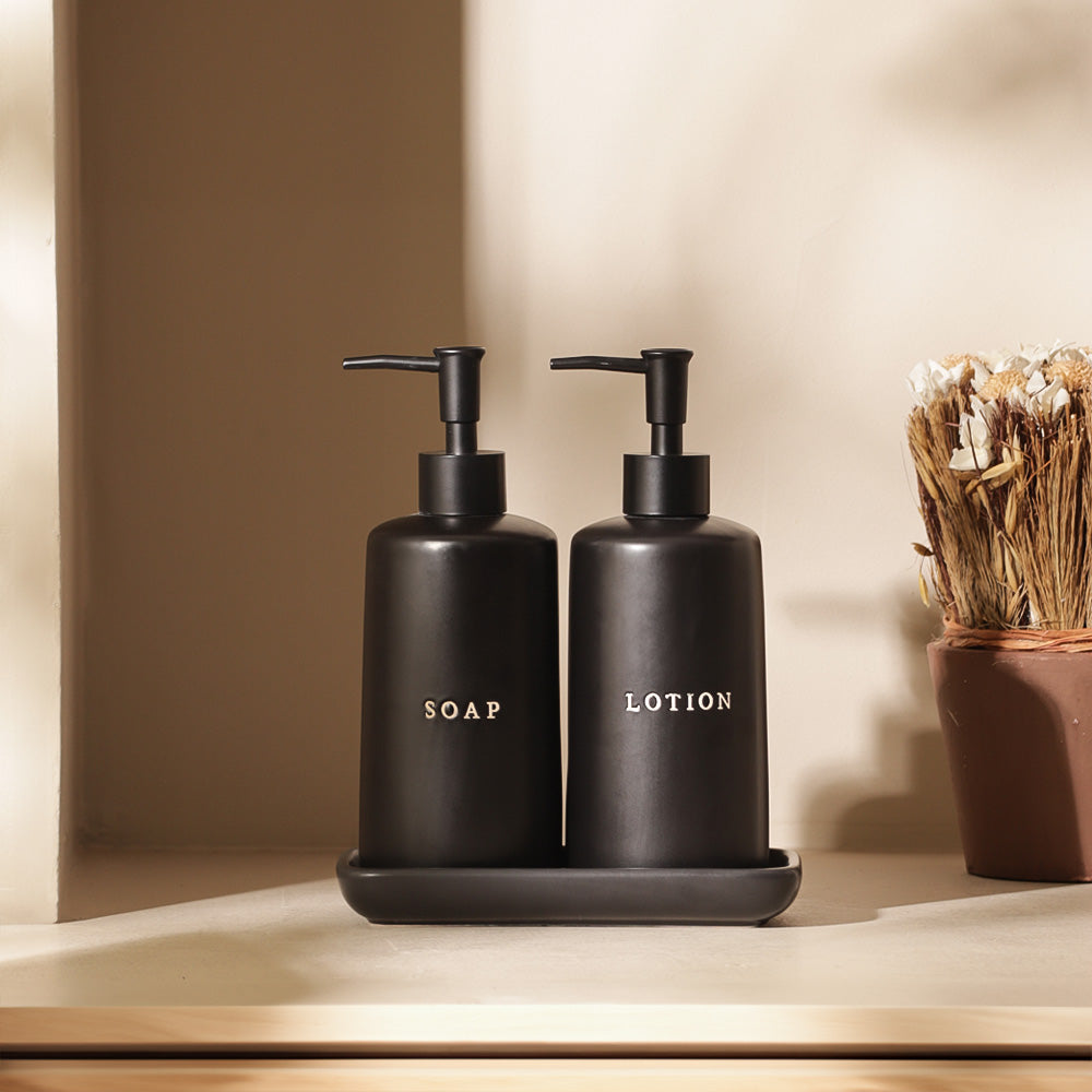 Noir Dual Dispenser Set with Tray - Black