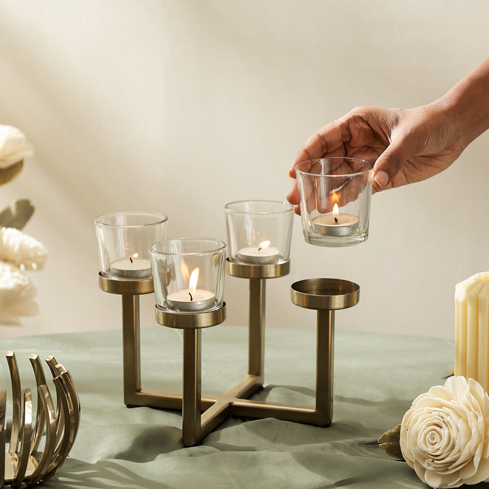 Noval Tealight Holders with Stand - Dull Gold