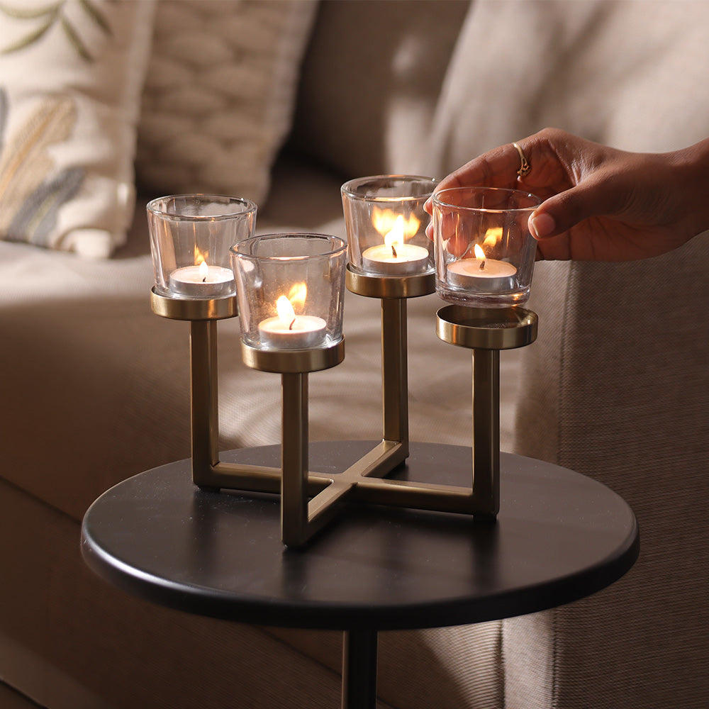 Noval Tealight Holders with Stand - Dull Gold