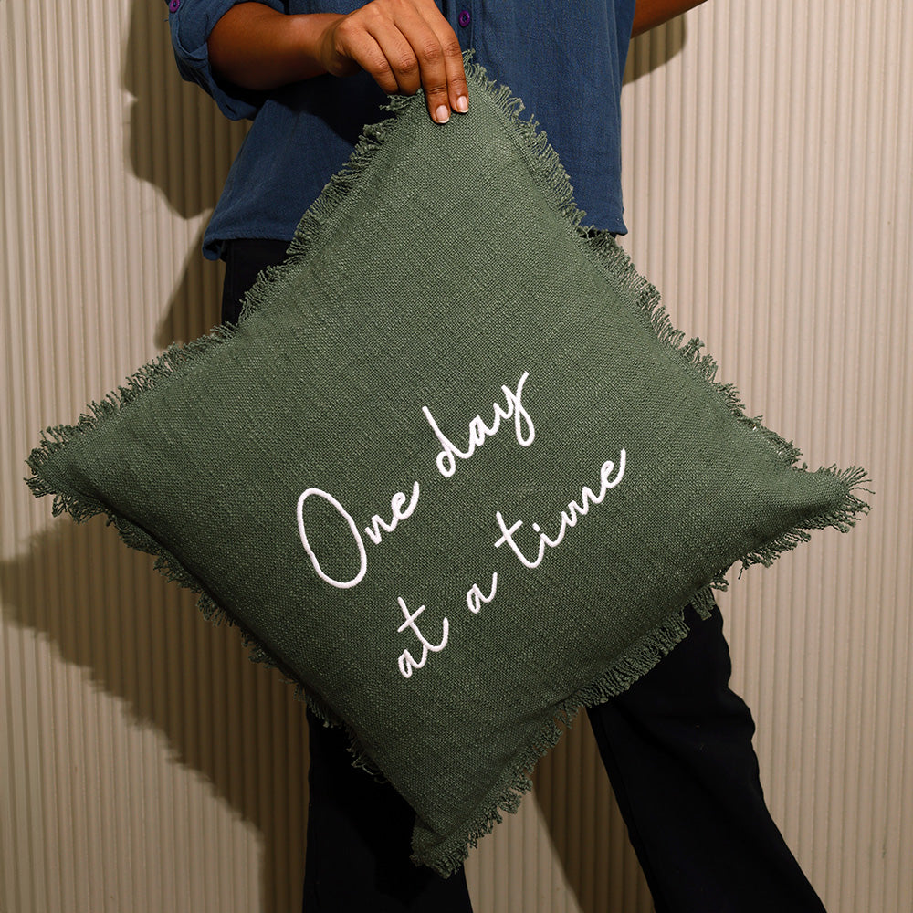 Mantra Embroidered Cotton Cushion Cover 45x45cm - Moss Green