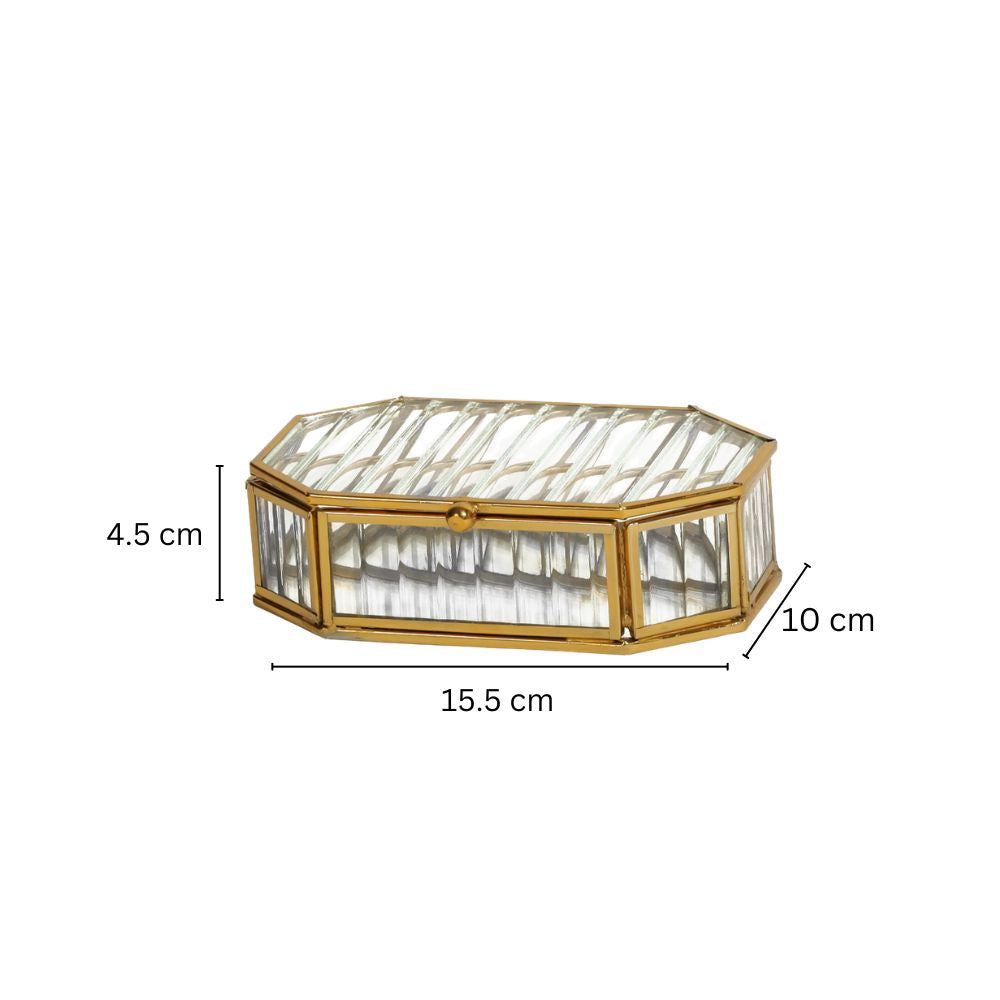 Octagonal Fluted Glass Jewellery Box - Gold
