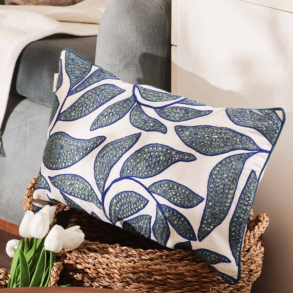 Oliva Embroidered Cushion Cover 50x30cm - Green Blue