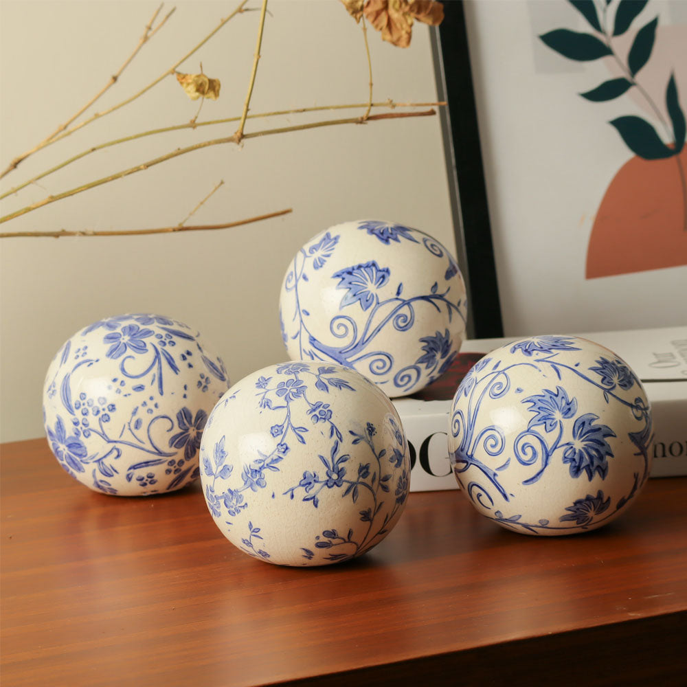 Olsen Ceramic Decorative Accent Balls, Set of 4 - Blue Flowers