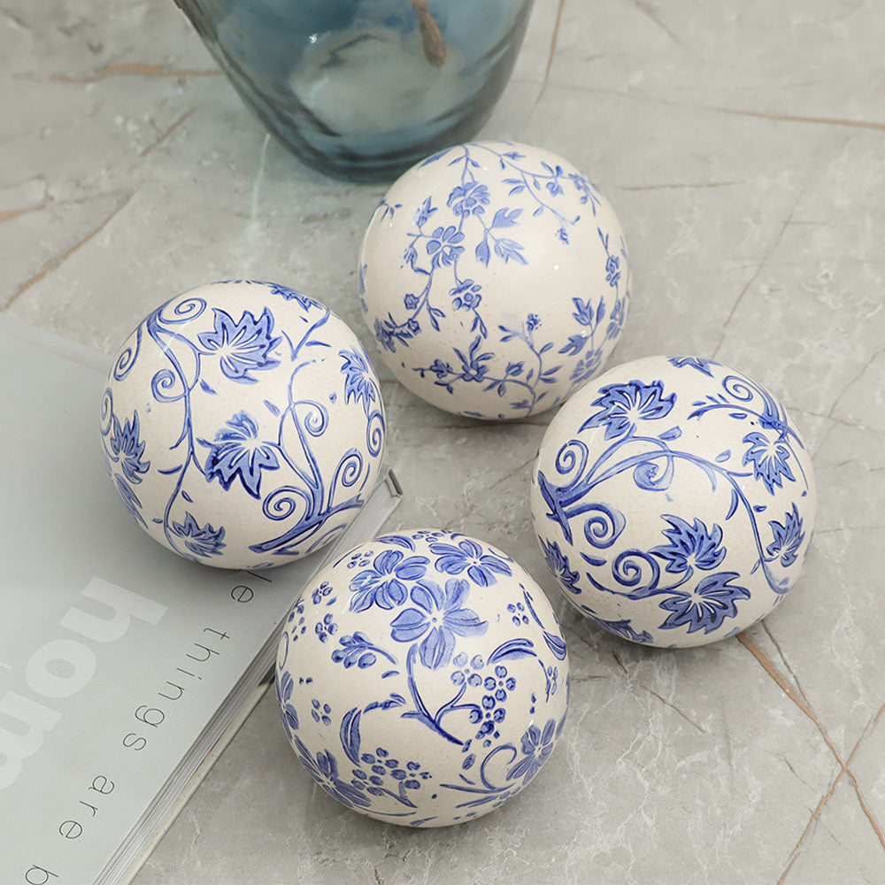 Olsen Ceramic Decorative Accent Balls, Set of 4 - Blue Flowers