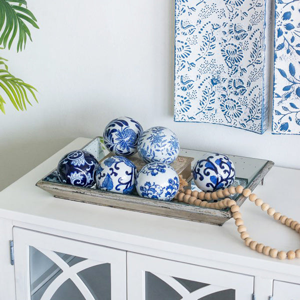 Olsen Ceramic Decorative Accent Balls, Set of 6 - Blue Vines