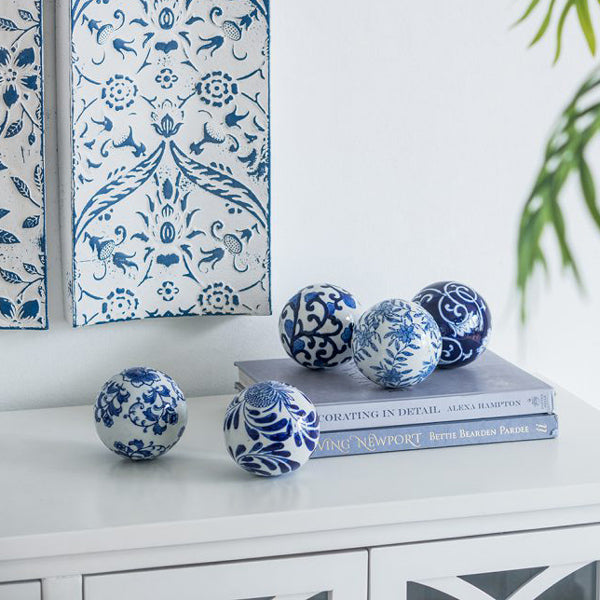 Olsen Ceramic Decorative Accent Balls, Set of 6 - Blue Vines