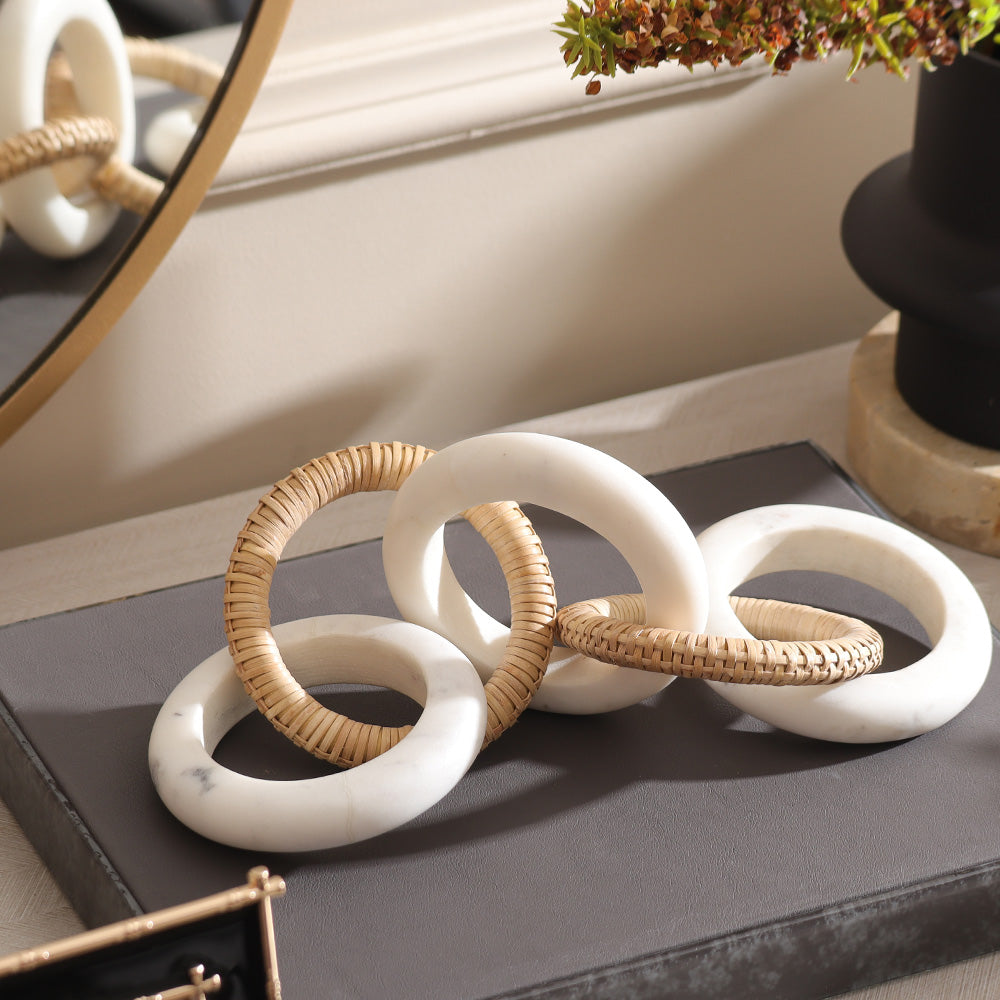 Olympia Marble & Rattan Linked Sculpture - Natural White