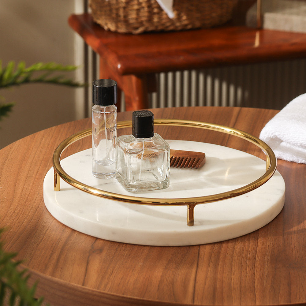 Omai Marble Round Decorative Tray - White Gold