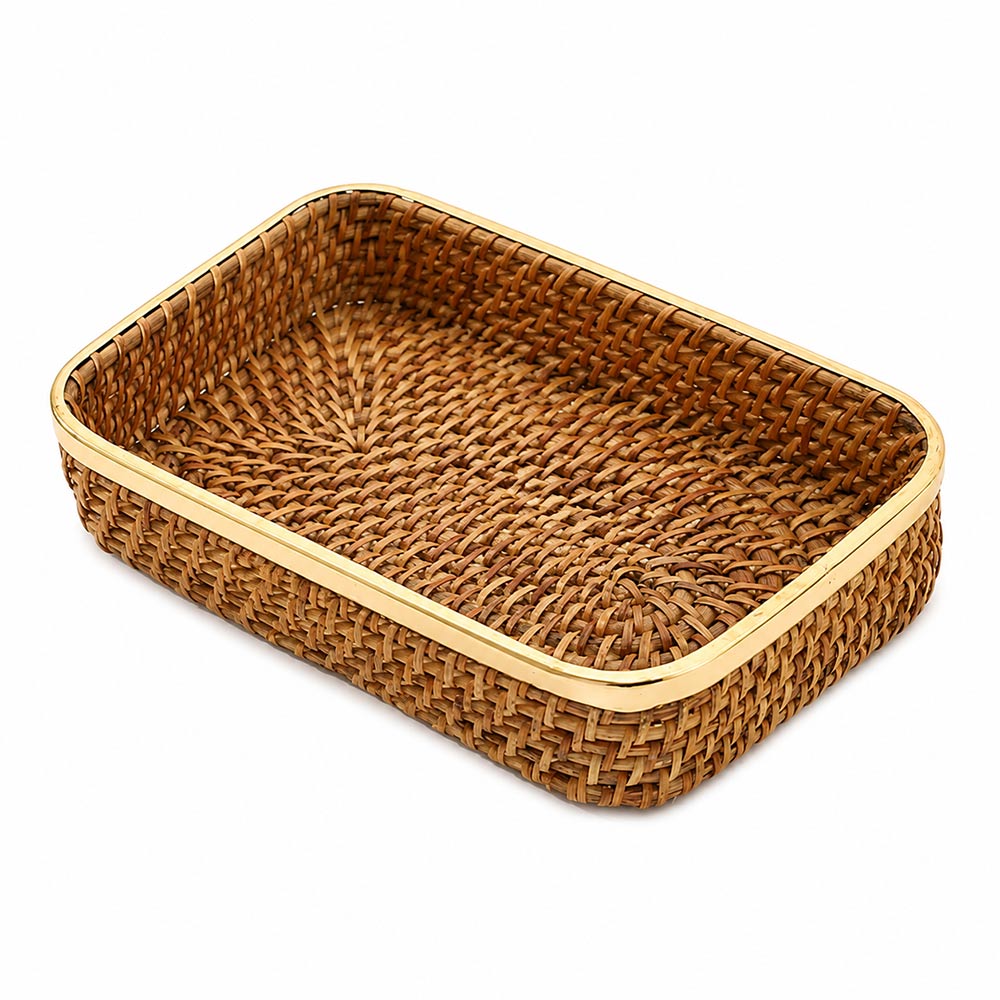 Opal Rattan & Brass Rectangular Decorative Tray Medium - Natural Gold
