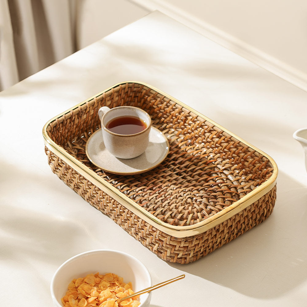 Opal Rattan & Brass Rectangular Decorative Tray Medium - Natural Gold